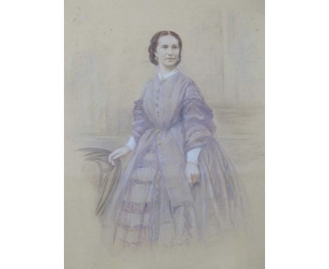 British School (19th Century), three quarter length portrait of a lady in lilac dress, watercolour, 39.5 x 50cm.