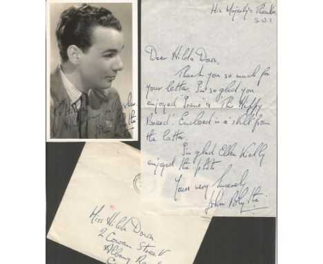John Blythe handwritten letter and signed photograph. Letter, handwritten by actor John Blythe who starred in the 1944 film T
