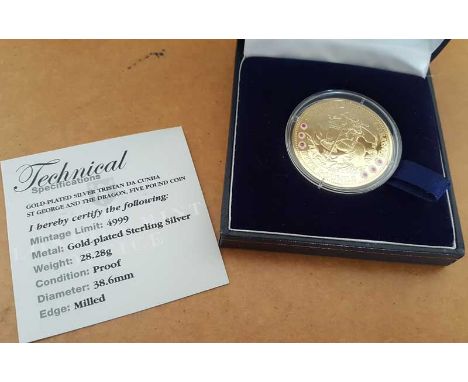 Tristan Da Cunha gold plated £5 coin. Gold plated sterling silver Tristan Da Cunha St George and the Dragon £5 coin, boxed. G