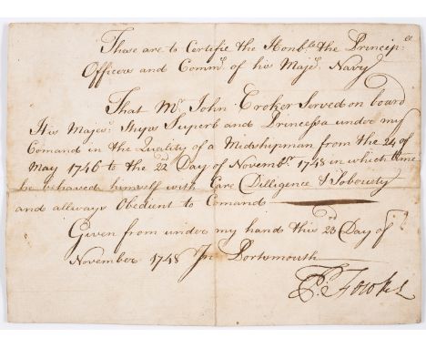 NO RESERVE Royal Navy.- Fowke (Thomas, Royal Navy officer and military officer, Governor of Gibraltar, c. 1690-1765) Testimon