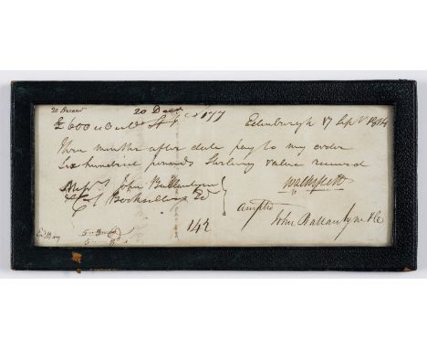 Scott (Sir Walter, poet and novelist, 1771-1832) Autograph cheque signed "Walter Scott" in favour of James Ballantyne, his pr