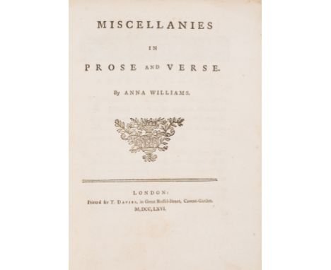 Williams (Anna) Miscellanies in Prose and Verse, first edition, title with woodcut vignette, woodcut tail-pieces, book-label 