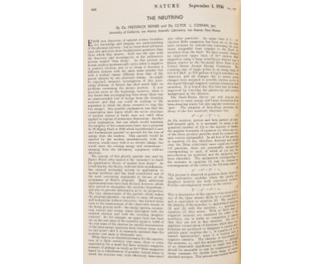 Physics.- Reines (Dr. Frederick) and Dr. Clyde L. Cowan. "The Neutrino", in Nature, A Weekly Journal of Science, vol. 178, pp