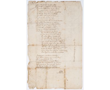 Literary.- [Verse letter from a son to his father], manuscript poem, Harp watermark, 2pp., tears along folds, edges chipped, 