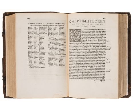 Early Christian apologist.- Tertullianus (Quintus Septimus Florentius) Opera, title with woodcut printer's device recto and c