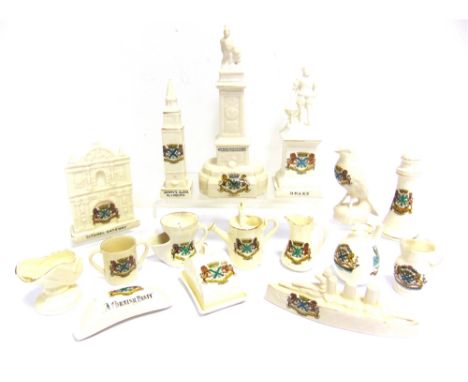 CRESTED CHINA - PLYMOUTH, DEVON  Sixteen pieces, including a Devonia Art battleship (Plymouth); Devonia Art Drake statue (Ply