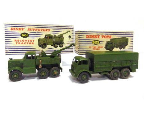 TWO DINKY DIECAST MODEL MILITARY VEHICLES comprising a No.661, Scammell Recovery Tractor, olive green with matching grooved h