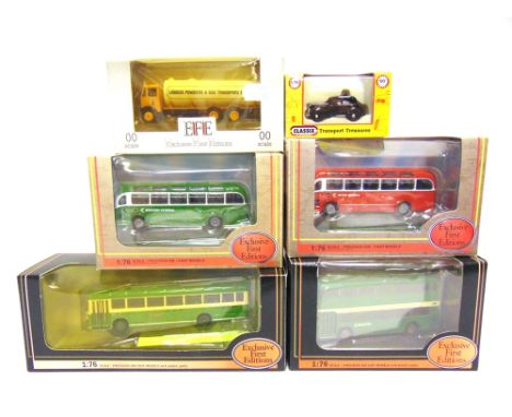 SIX ASSORTED 1/76 SCALE DIECAST MODEL VEHICLES  including four buses by Exclusive First Editions, each mint or near mint and 