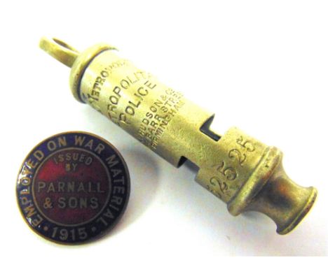 ASSORTED COLLECTABLES  comprising a whistle, 'The Metropolitan Police' by J. Hudson &amp; Co., Birmingham, numbered 52525, ov