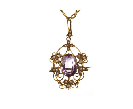EDWARDIAN BROOCH PENDANT ON CHAIN, the brooch with central oval faceted amethyst 14mm long and surrounded by seed pearl set f