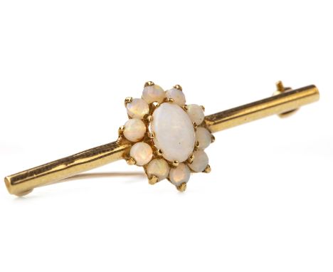 OPAL BAR BROOCH, set with an opal cluster,42mm long, in nine carat gold, 2.5g; along with an opal and diamond set ring, unmar