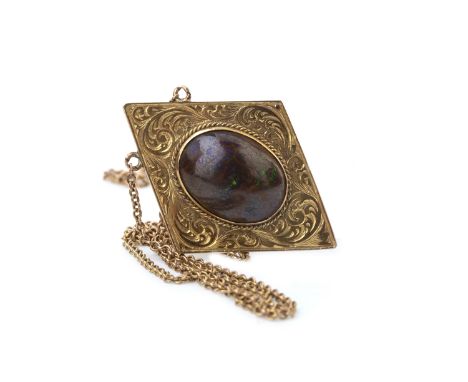 EARLY TWENTIETH CENTURY BOULDER OPAL NECKLET, the cabochon cut boulder opal with brown, green and blue tones 16mm long, set t