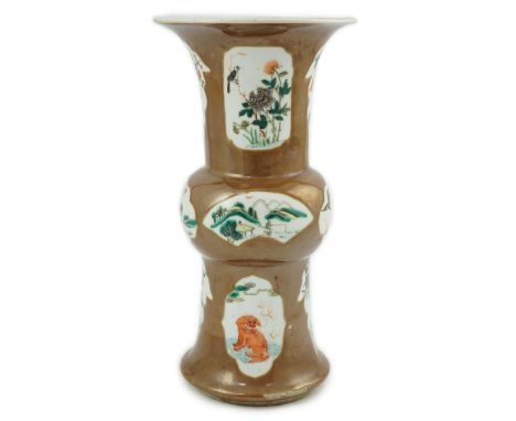 A Chinese cafe-au-lait ground beaker vase, gu, 19th century, painted in famille verte palette with birds, flowers and mythica