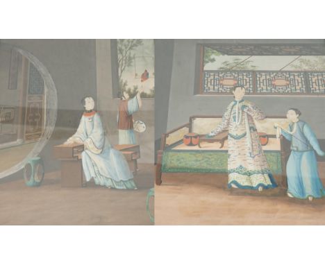 Chinese School, early 19th century, a pair of gouaches, interior scenes, the first depicting a lady seated in an interior, an