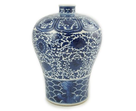 A Chinese blue and white meiping, Qianlong mark, early 20th century, painted with the eight Buddhist emblems to the shoulder,