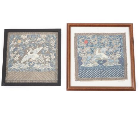 Two Chinese Kesi mandarin squares of the fifth rank, 19th century, each woven with a silver pheasant above lishui stripes, ea