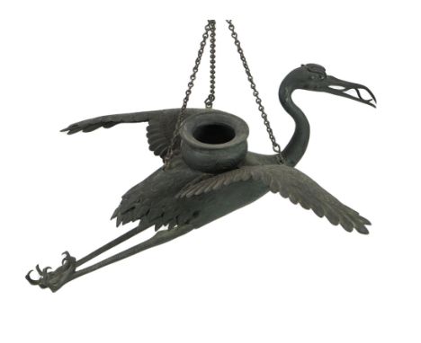 A large Japanese bronze ‘crane’ hanging lamp, 19th century, the crane modelled in-flight with outstretched wings and trailing