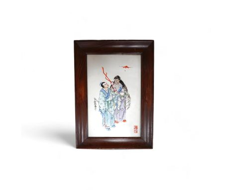 A Chinese famille rose plaque of the immortals Lu Dongbin and Zhang Guo, Republic period, the figures depicted holding their 