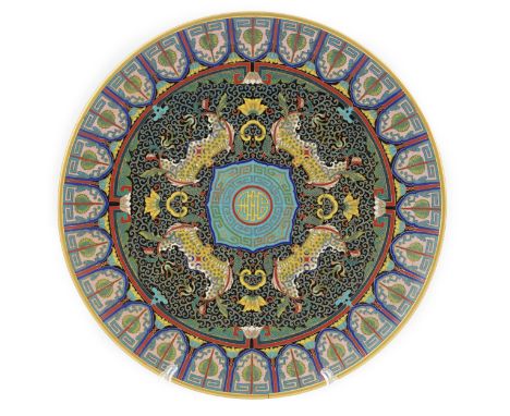 A Chinese cloisonné enamel ‘bats’ dish, late Qing/Republic period, finely decorated in colours with bats surrounding a centra