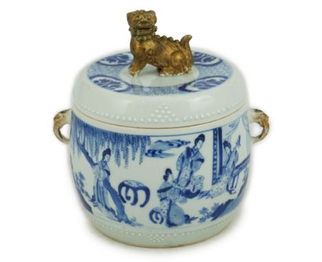 A Chinese blue and white 'Four Beauties' drum-shaped jar and cover, Kangxi period (1662-1722), finely painted with four ladie