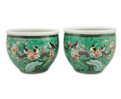 A pair of Chinese famille verte green ground jardinieres, Kangxi marks, but late 19th century, each painted with black birds 