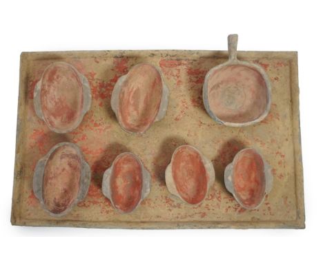 A large Chinese painted pottery tray, ladle and cups set, Han dynasty (206 BC-AD 220), the large and impressive rectangular p