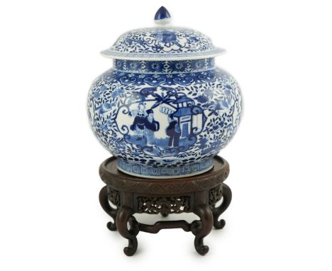 A Chinese blue and white jar and cover, Shunzhi mark but Guangxu period, painted with dignitaries by a pavilion and birds ami