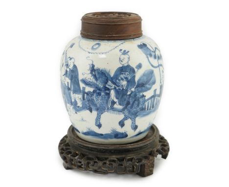 A Chinese blue and white ovoid ‘boys’ jar, Kangxi period, one boy riding a qilin, the others bearing banners and musical inst