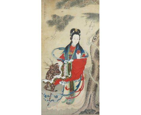 Chinese School, 19th century, a large ink and colour on paper, depicting the Daoist immortal Magu and a deer, the figures sta