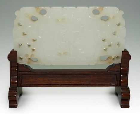 A fine Chinese inscribed white jade plaque, 18th/19th century, carved in relief with a female immortal, the reverse with an i