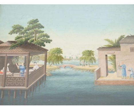 China Trade, Guangzhou School, c.1805, gouache on paper, figures in a pavilion, probably depicting one of the processes in th
