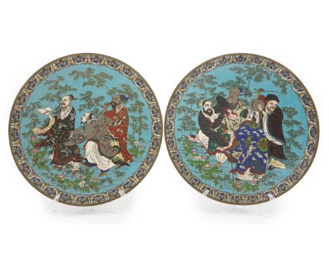 A pair of Japanese cloisonné enamel ‘Seven Sages of the Bamboo Grove’ dishes, Meiji period, one dish decorated with three sch