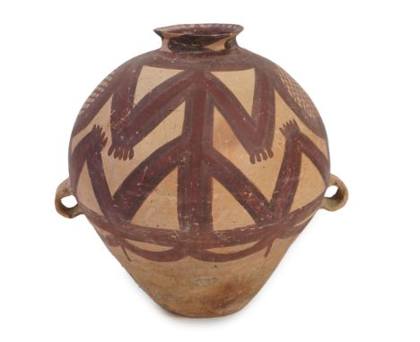 A large Chinese Neolithic Machang painted pottery jar, c.2300-2000 BC) of the Majiayao culture, the short neck with flared mo