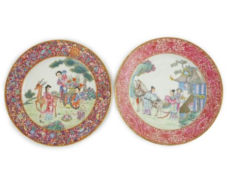 Two fine Chinese famille rose plates, Republic period, the first painted with ladies in a garden loading a cart with basket o