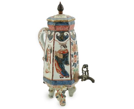 A Japanese Imari style coffee pot, Hizen ware, c.1700-1730, of hexagonal tapering form, the panelled body moulded in low reli