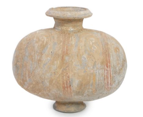 A Chinese painted pottery cocoon jar, Western Han Dynasty (206 BC-AD 8), the grey pottery bottle body decorated in coloured p