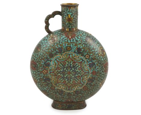 A Chinese cloisonné enamel moon flask, bianhu, late Ming dynasty, each side with a star shaped device, with a ring of flower 
