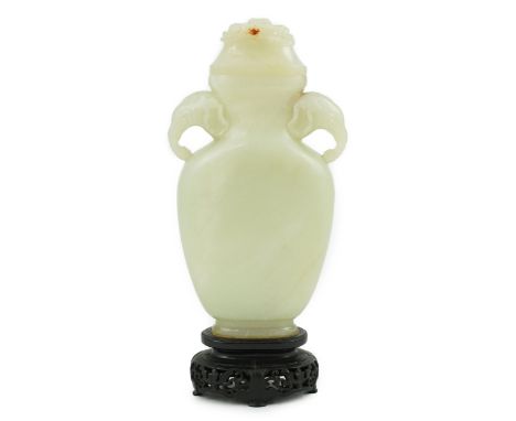 A Chinese pale celadon jade flask-form vase and cover, Qianlong/Jiaqing period, c.1780-1820, the flattened baluster-shaped bo
