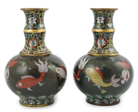 A pair of Chinese cloisonné enamel ‘goldfish’ vases, probably Jiaqing period (1796-1820), the bamboo-shaped necks decorated w
