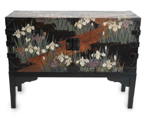 A Japanese ‘iris’ decorated travelling chest, Edo period, late 18th/early 19th century, decorated after Ogata Korin with a ca