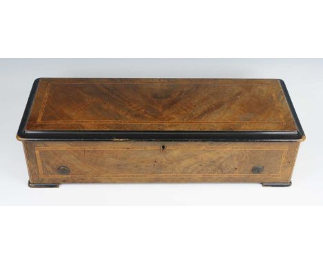 A 19th century Swiss music box, having a lever wind mechanism and 13" cylinder with Play/Start and Change/Repeat functions, h