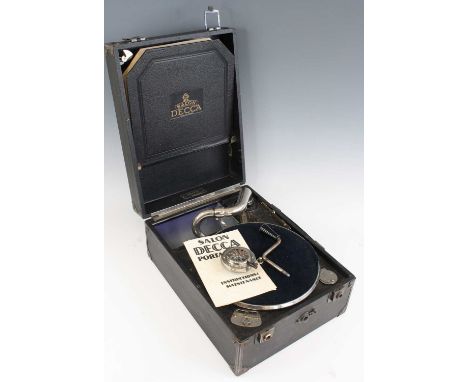 A Decca Salon portable wind-up gramophone with instruction manual, w.29, d.39, h.18cm, together with a small collection of 78