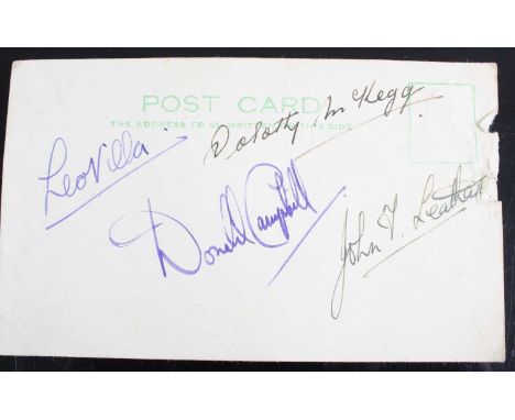 Donald Campbell, (1921-1967), a blank postcard signed by Campbell, Leopoldo Alfonos Villa, Dorothy McKegg and one other.