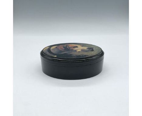Oval-shaped wooden box features a finely detailed hand-painted portrait of a hunting dog in profile on its lid. The artwork c
