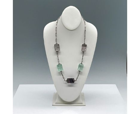 This elegant vintage necklace features sterling silver construction adorned with rectangular fluorite gemstone beads, each sh