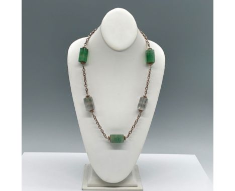 This elegant vintage necklace features sterling silver construction adorned with rectangular fluorite gemstone beads, each sh