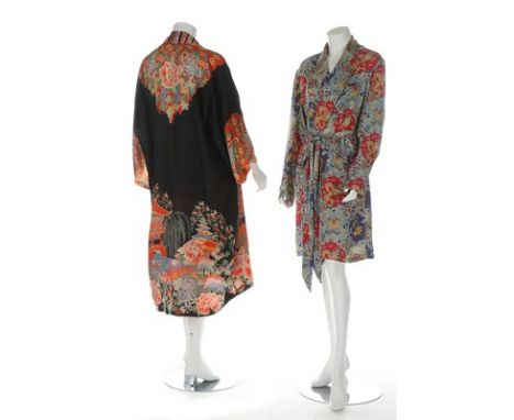 Seven printed silk or rayon kimonos and a parasol, mainly 1920s-30s, including a Liberty of London example printed with drago