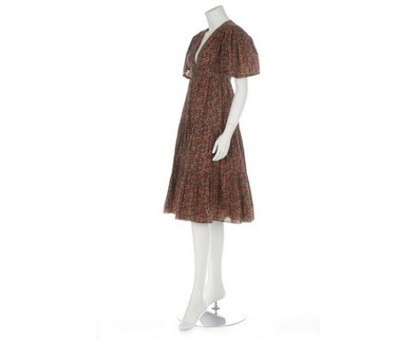 An Ossie Clark for Radley green leaf-print cotton dress, circa 1975, labelled and size 12, the empire-line bodice with plungi