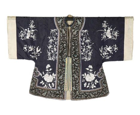 A lady's navy damask satin informal robe, chang-fu, Chinese, 19th century, embroidered with peacock and dragon to back; toget