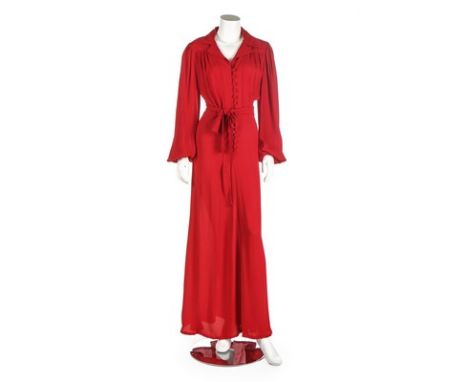 An Ossie Clark for Radley cherry-red moss crepe dress, 1970s, woven label and size 12, with blouson sleeves, button front and